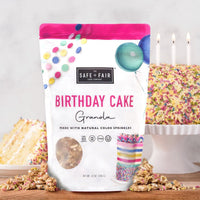 birthday cake granola bag on table with cake