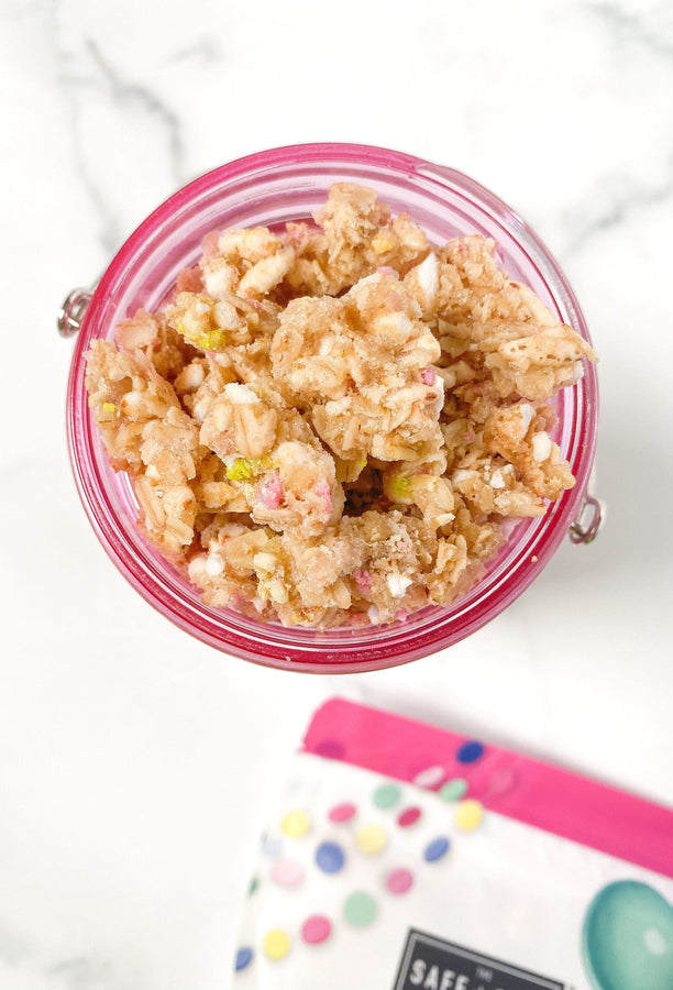 birthday cake granola in pink cup