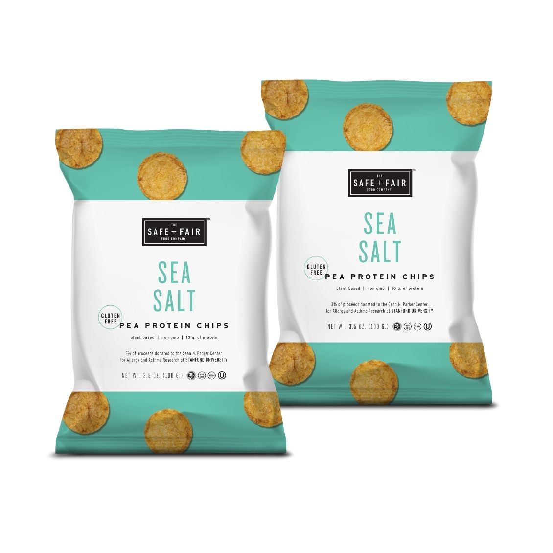 sea salt pea protein chips bags on white background